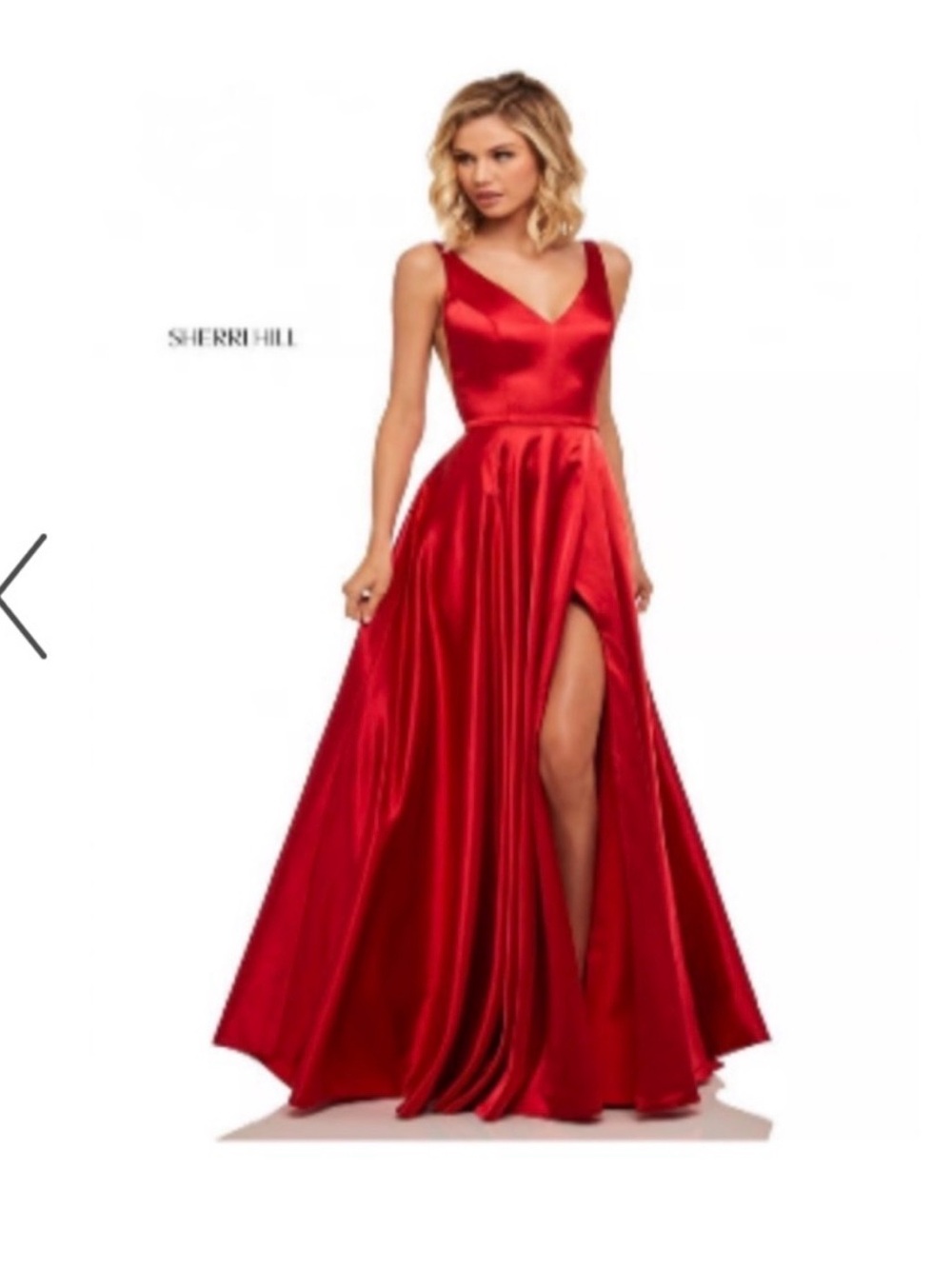 Sherri Hill Red Satin V-Neck Maxi Dress with Thigh Slit